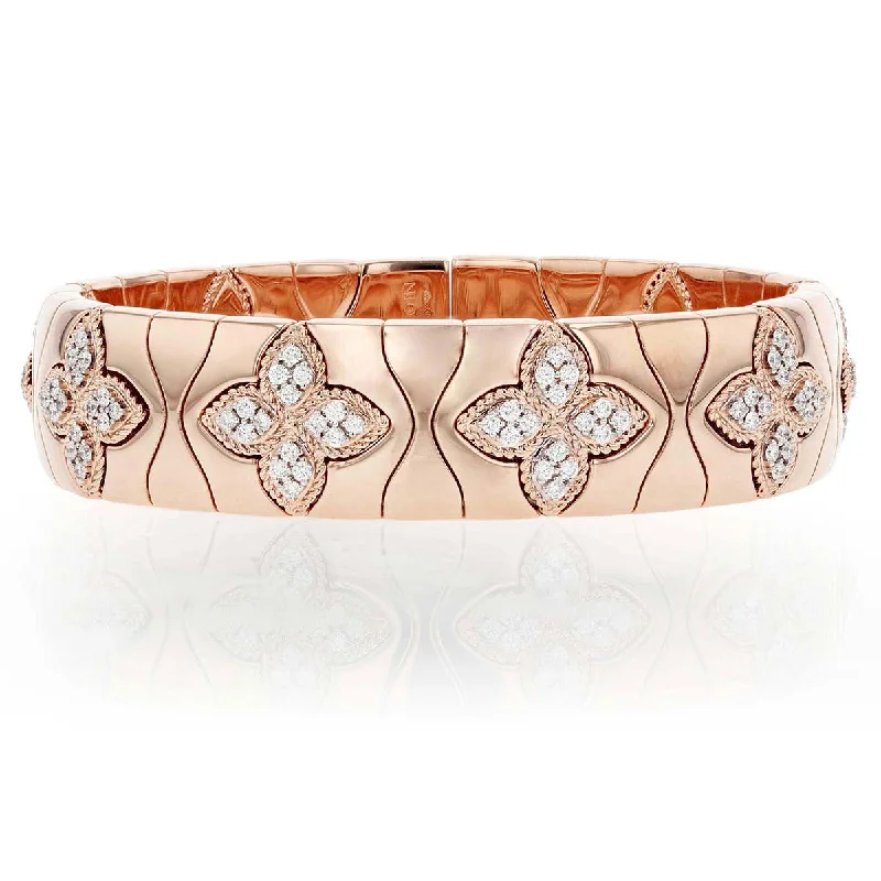 Ladies gemstone bangles-Royal Princess Flower Wide Bangle with Diamond Flowers