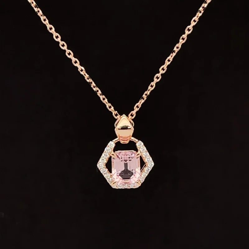 Ladies choker necklaces-Pink Tourmaline & Diamond 1.03ctw Art Deco Halo Pendant Necklace in 18k Two-Tone Gold - #308 - NLTOM000060