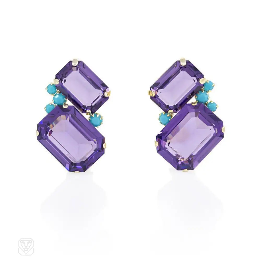 Ladies luxury earrings-Amethyst and turquoise Swarovski clip earrings