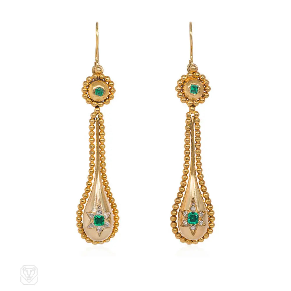 Ladies boho earrings-Victorian gold, emerald and diamond pendant earrings