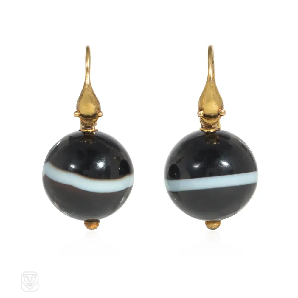 Ladies round earrings-Antique snake and banded agate bead earrings