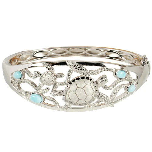 Ladies charm bracelets-Sterling Silver Swimming Turtle with Larimar Bead Bangle