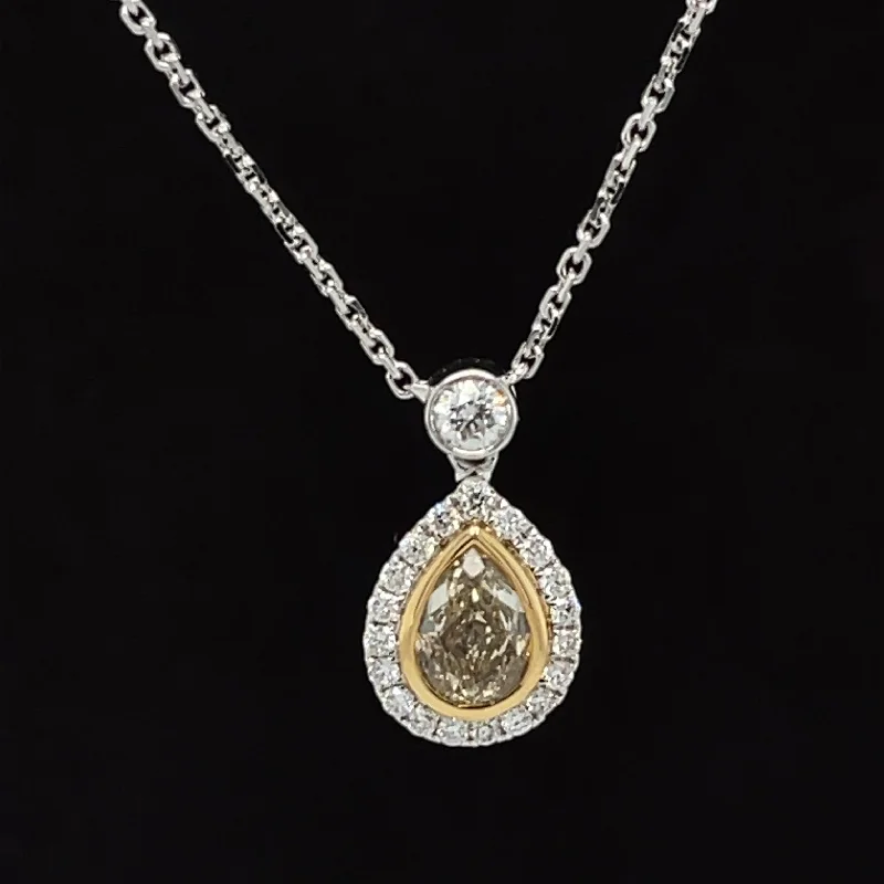 Ladies long pendant necklaces-Yellow & White Diamond 1.05ctw Raindrop Bezel Station Necklace in 18k Two-Tone Gold - #322 - NLDIA062092