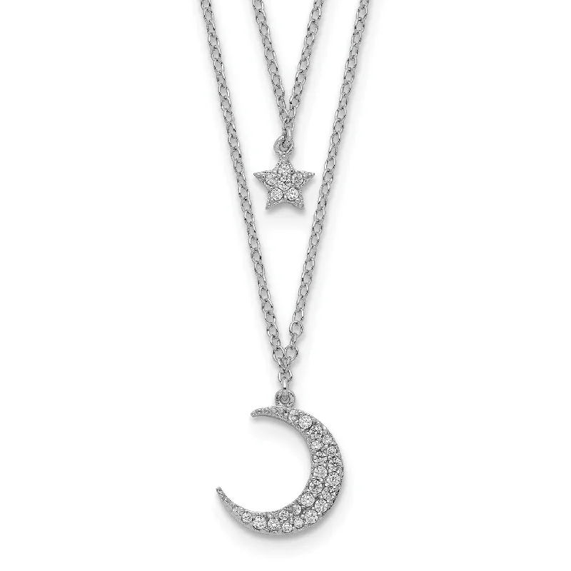 Ladies bridal diamond necklaces-Sterling Silver Cubic Zirconia 18-inch 2-Layer Star & Moon Necklace