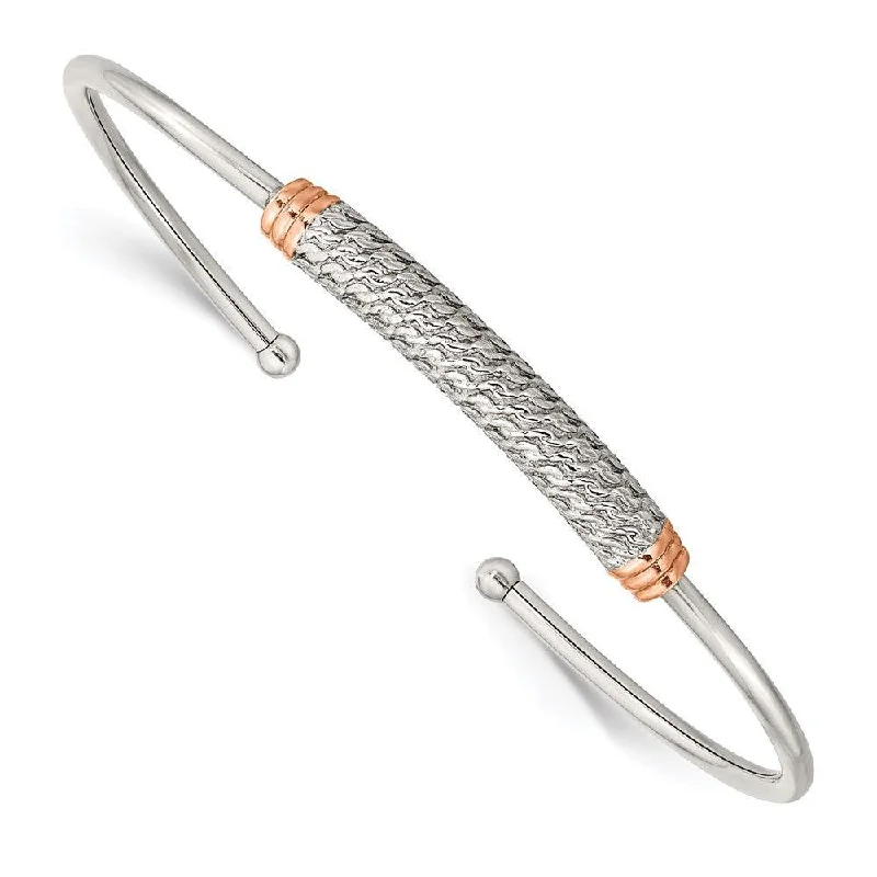 Ladies crystal-encrusted bangles-Stainless Steel Polished Rose IP-plated Flexible Cuff Bangle