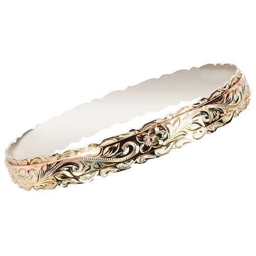 Ladies cuff bracelets-14K Tri-Color Gold Custom-Made Hawaiian Scroll Double Cut Out Edge Bangle