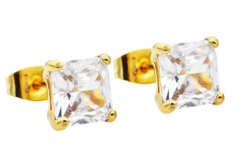 Ladies rose gold earrings-Mens 7mm Cubic Zirconia Gold Stainless Steel Square Stud Earrings