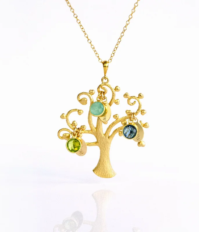 Ladies gold heart necklaces-Family Swirly Tree Necklace with Kids Birthstones & Names