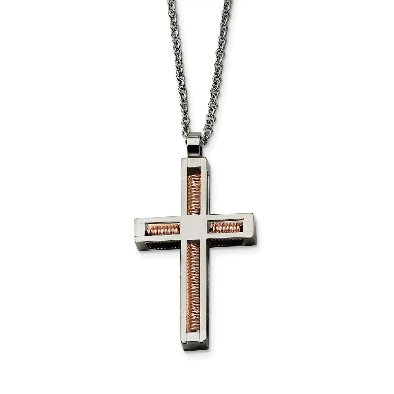 Ladies silver necklaces-Stainless Steel Polished & Pink IP-plated Cross Necklace