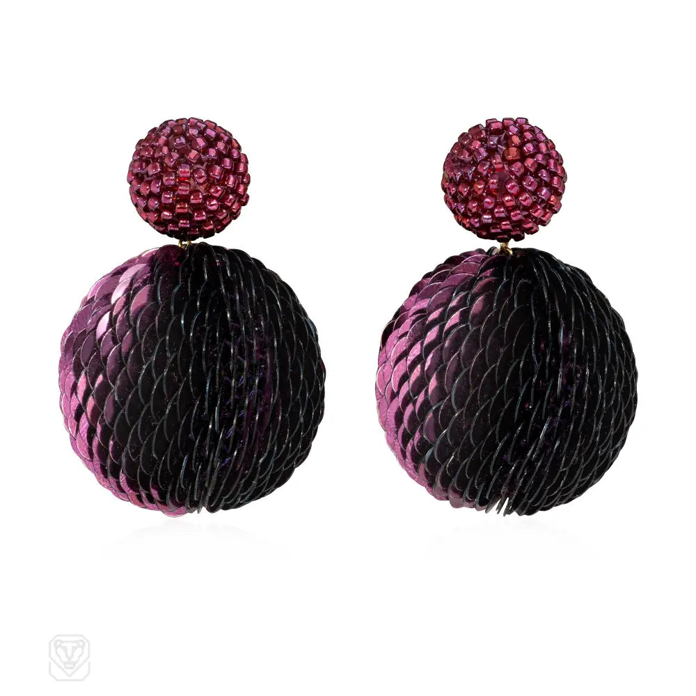 Ladies round earrings-Glass bead and sequin double ball earrings in purple tones