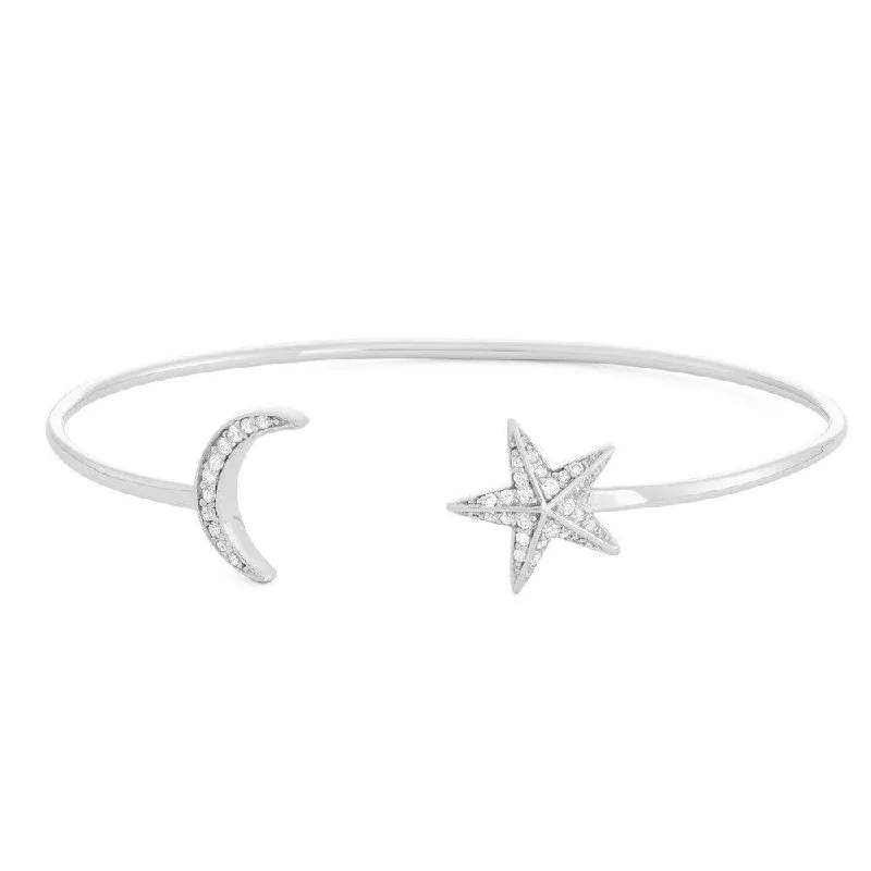 Ladies textured bangles-Sterling Silver CZ Crescent Moon and Star Open Cuff Bangle