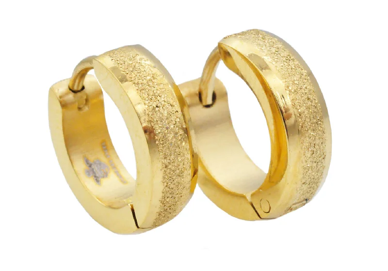 Ladies emerald earrings-Mens 14mm Gold Plated Sandblasted Stainless Steel Hoop Earrings