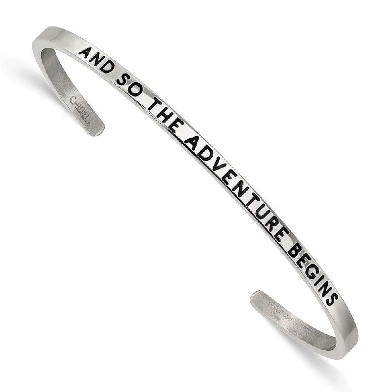 Ladies silver bangles-Stainless Steel Polished Enamel/Crystal ADVENTURE BEGINS 3mm Bangle