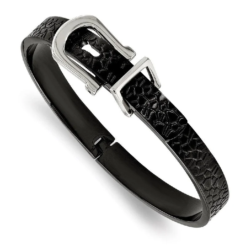 Ladies dainty bracelets-Stainless Steel Brushed and Textured Black IP-plated Hinged Bangle