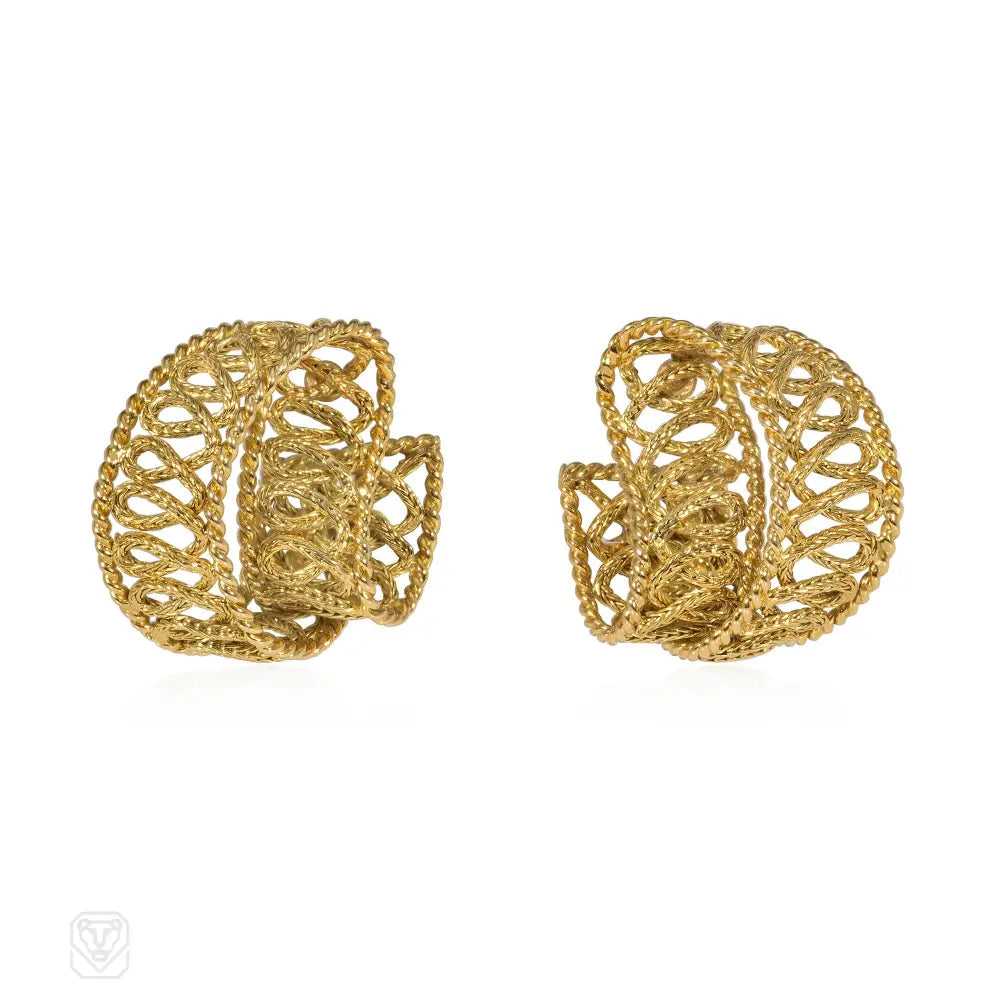 Ladies twisted hoop earrings-French Mid-Century scrolling gold earrings