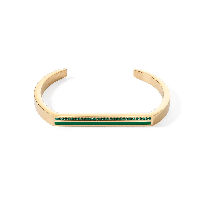 Ladies beaded bracelets-Coeur De Lion Gold and Green Crystal Square Stripes Bangle Cuff