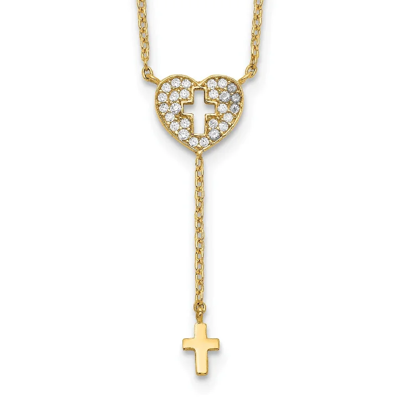 Ladies long pendant necklaces-14KT Yellow Gold Cubic Zirconia 17-inch Heart Cross Necklace