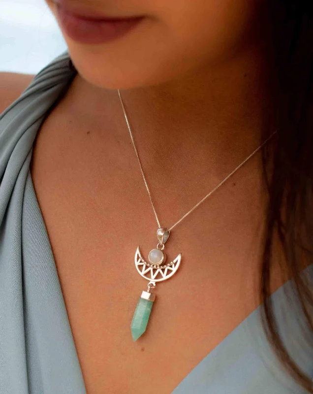 Ladies geometric necklaces-Half moon Pendant ~Moonstone & Amazonite ~ Sterling Silver 925  ~ MN078