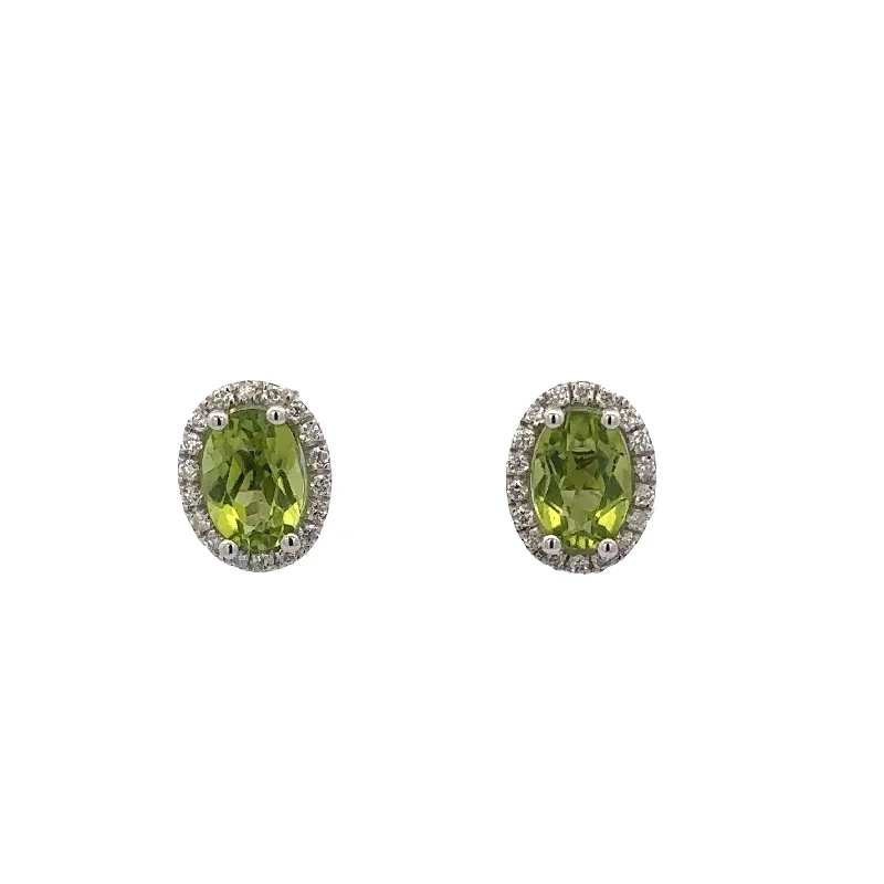 Ladies luxurious diamond earrings-Oval Cut Peridot and Diamond Stud Earrings in White Gold