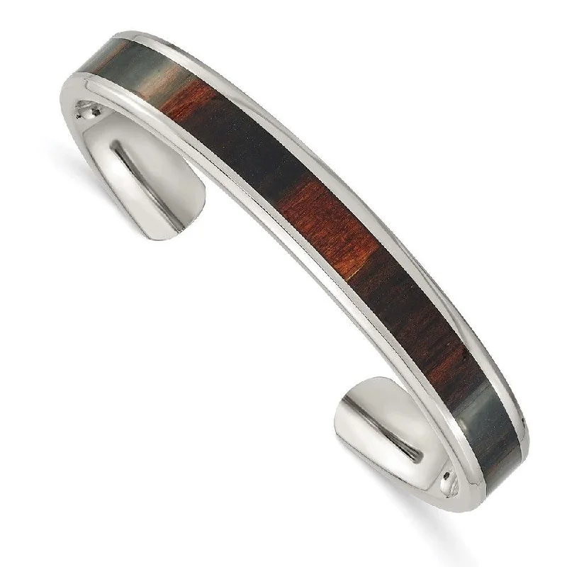 Ladies thin gold bracelets-Stainless Steel Polished Wood Inlay Enameled Bangle