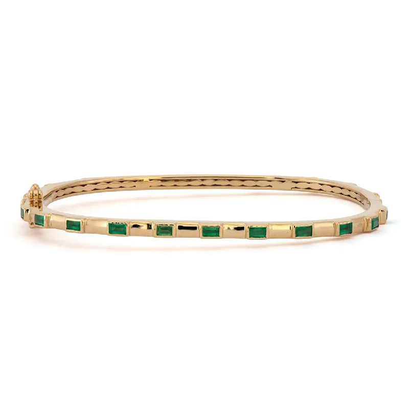 Ladies engraved gold bracelets-Classic Bezel Baguette Emerald and Diamond Bangle