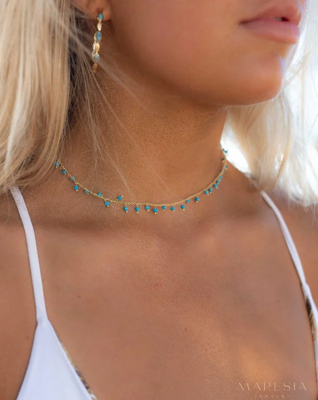 Ladies eternity circle necklaces-Moonstone, Labradorite, Aqua Chalcedony, Tourmaline or Turquoise Choker Necklace ~ Gold Plated 18k ~ MN132