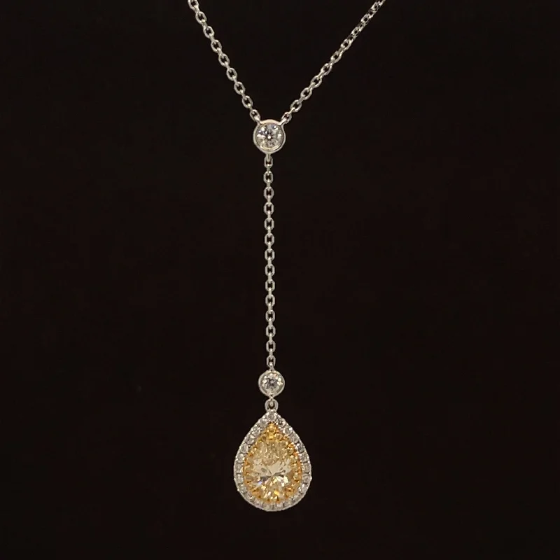 Ladies three-stone necklaces-Fancy Yellow & White Diamond 1.12ctw Y-Necklace in 18k Two-Tone Gold - #399 - NLDIA068716