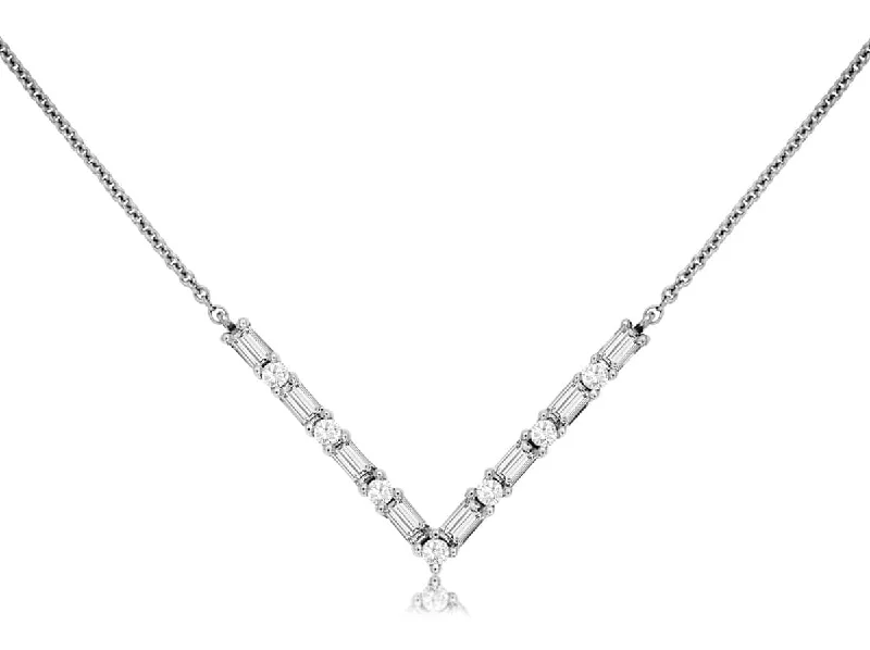 Ladies delicate necklaces-14K White Gold Baguette Diamond Necklace