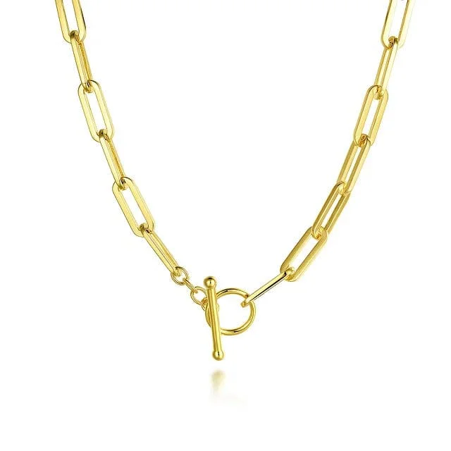 Ladies charm necklaces-14K Yellow Gold Paperclip Chain Necklace with Toggle