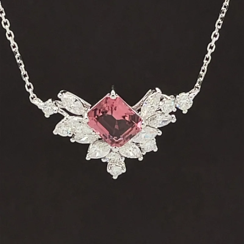 Ladies statement necklaces-Pink Tourmaline & Diamond 2.71ctw Cluster Wreath Chevron Necklace in 18k White Gold - #307 - NLTOM000084