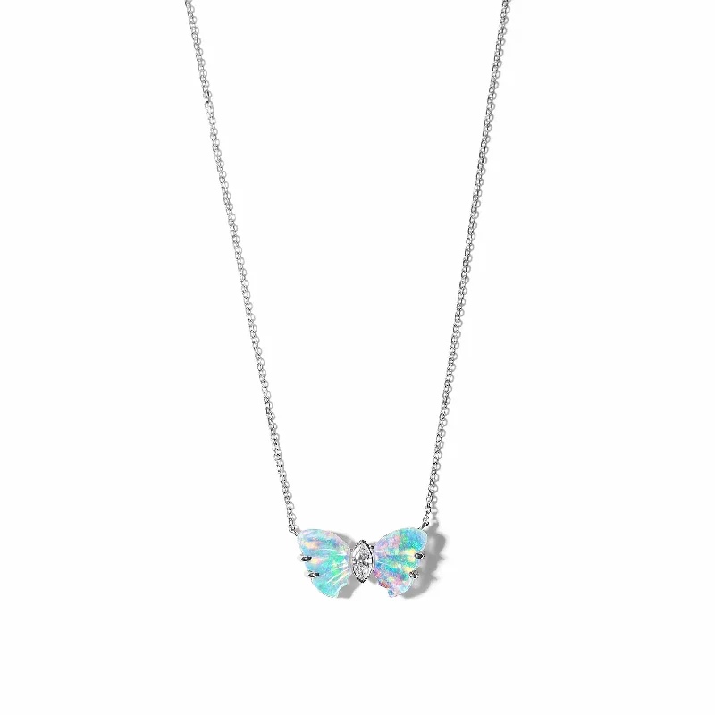 Ladies vintage-inspired necklaces-Butterfly Opal Diamond Pendant Necklace