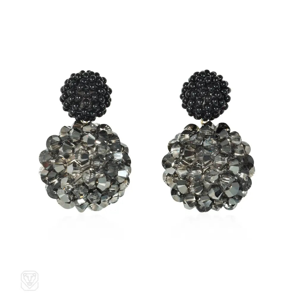 Ladies designer earrings-A pair of hand beaded double ball earrings with black glass ...