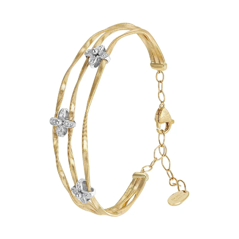 Ladies engraved bracelets-Three Strand Bangle with Diamond Flowers