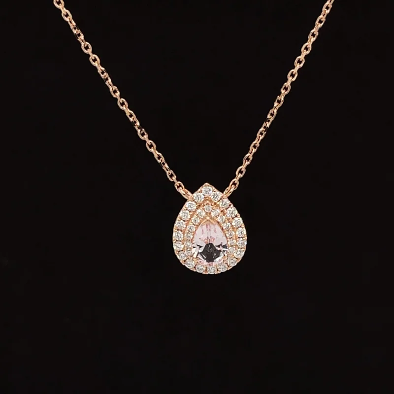 Ladies ruby necklaces-Pear Morganite & Diamond 0.70ctw Halo Raindrop Pendant Necklace in 18k Rose Gold -#312 - NLMOR000048