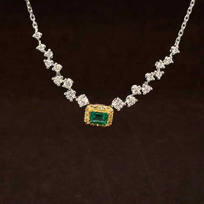 Ladies custom pendant necklaces-Emerald Halo & Diamond Cluster Vintage Necklace in 18k Two-Tone Gold - #479 - NLEME009270