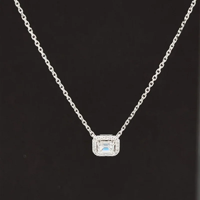 Ladies dainty necklaces-Diamond 0.36ctw Emerald Halo Sideways Floating Pendant Necklace in 18k White Gold - #306 - NLDIA067090