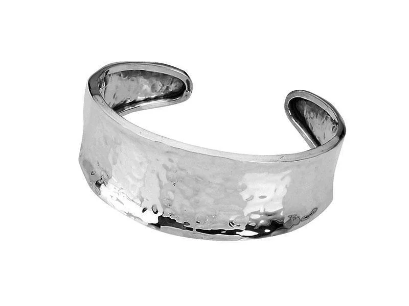 Ladies gold bangles-Wide Hammered Cuff Bangle - Sterling Silver