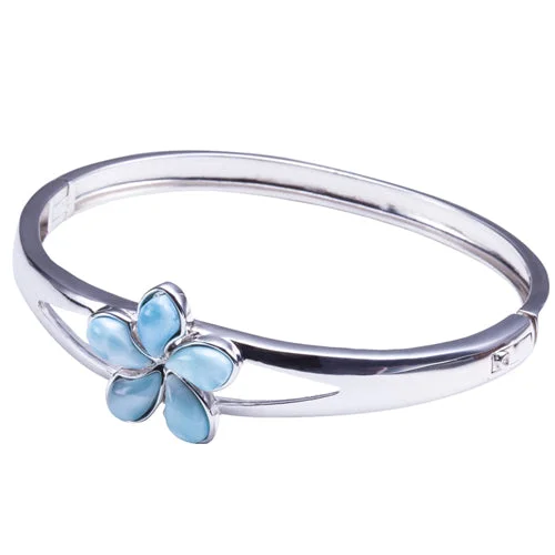 Ladies friendship bracelets-Sterling Silver Larimar Bangle 20mm Plumeria in the Center