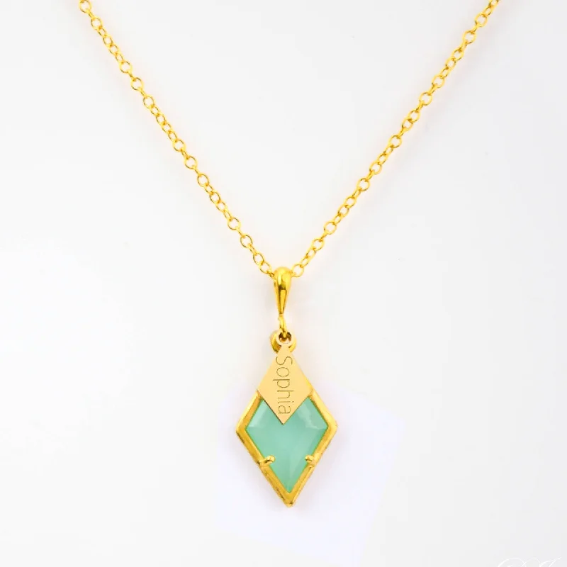 Ladies bar necklaces-Diamond Shaped Birthstone and Name Necklace : March Aqua Chalcedony