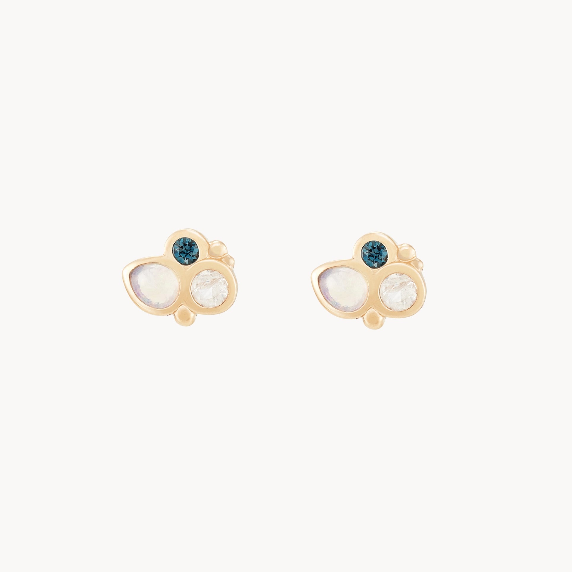 Ladies clip-on earrings-water  element stud earring - 14k yellow gold, natural gemstones