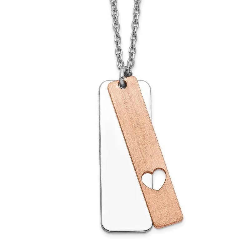 Ladies modern necklaces-Engravable Sterling Silver 29X10MM 17-inch Heart Dog Tag Two-Tone Necklace