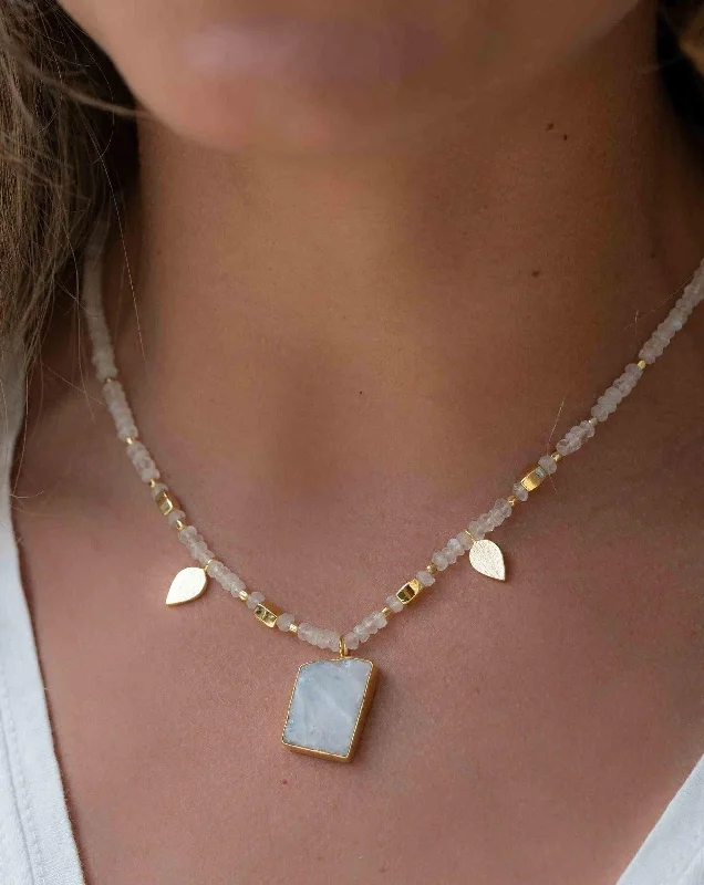 Ladies custom name necklaces-Labradorite, Moonstone or Rose Quartz Bead ~ Necklace ~ Gold plated 18k ~ MN121