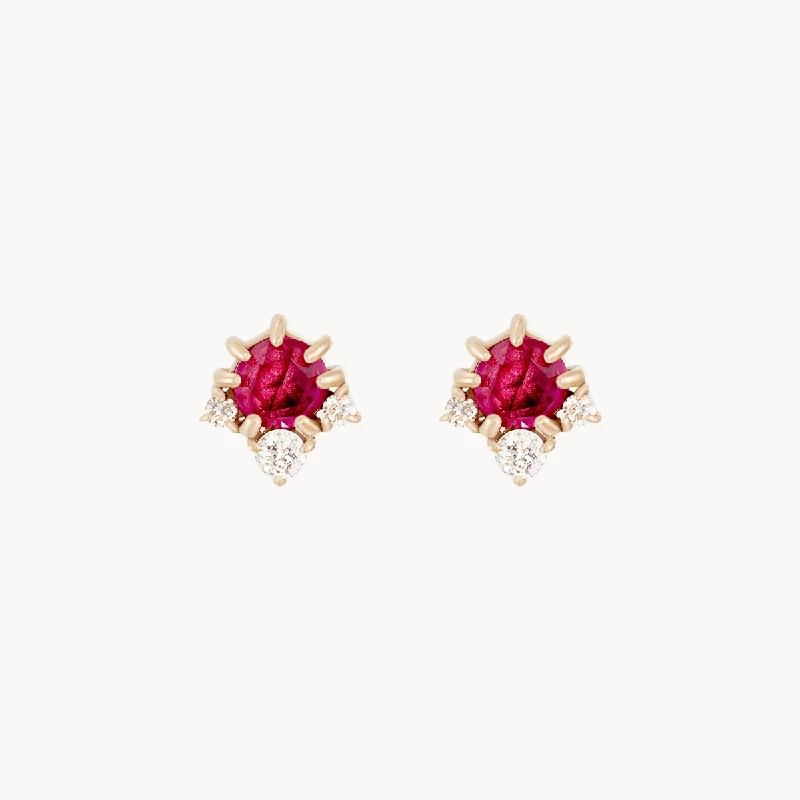 Ladies fine jewelry earrings-full moon glow diamond ruby earring - 14k yellow gold, ruby, diamonds