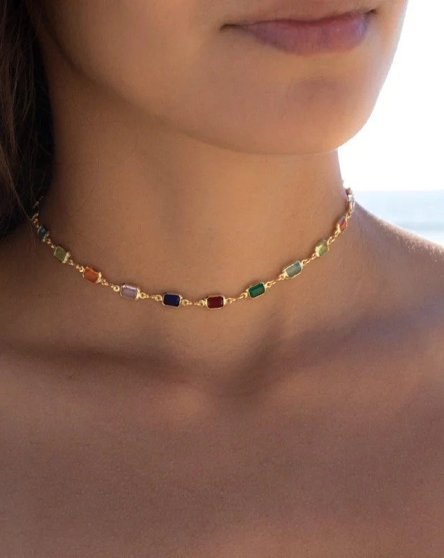 Ladies modern necklaces-Multi colored crystals choker ~ Gold Plated~MN034