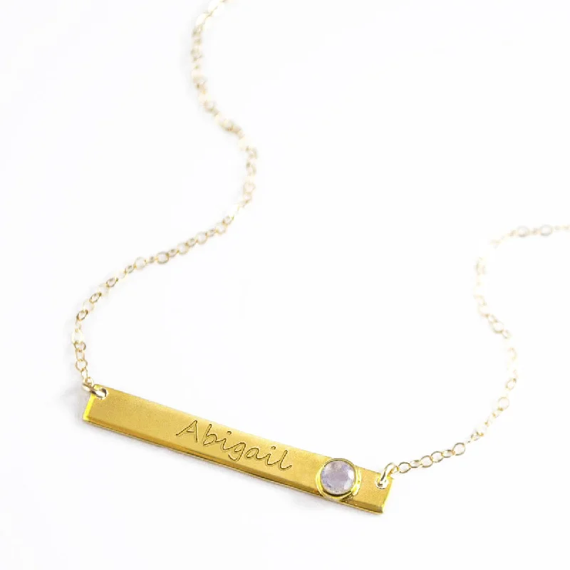 Ladies layered gold necklaces-June Custom Bar Necklace with Bezel Birthstone