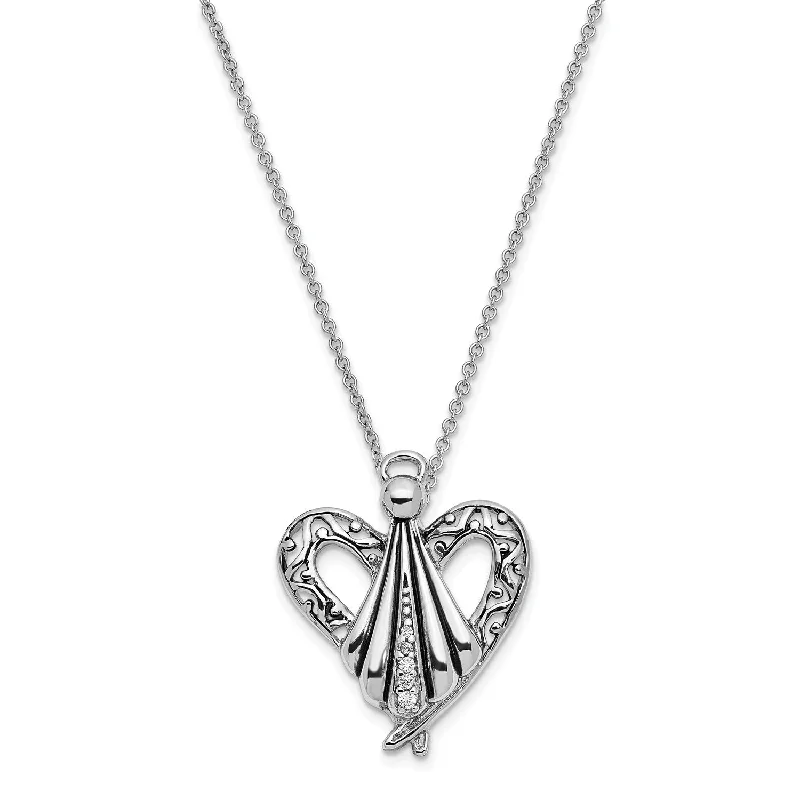 Ladies dainty necklaces-Sterling Silver CZ Antiqued Angel of Friendship 18in Necklace