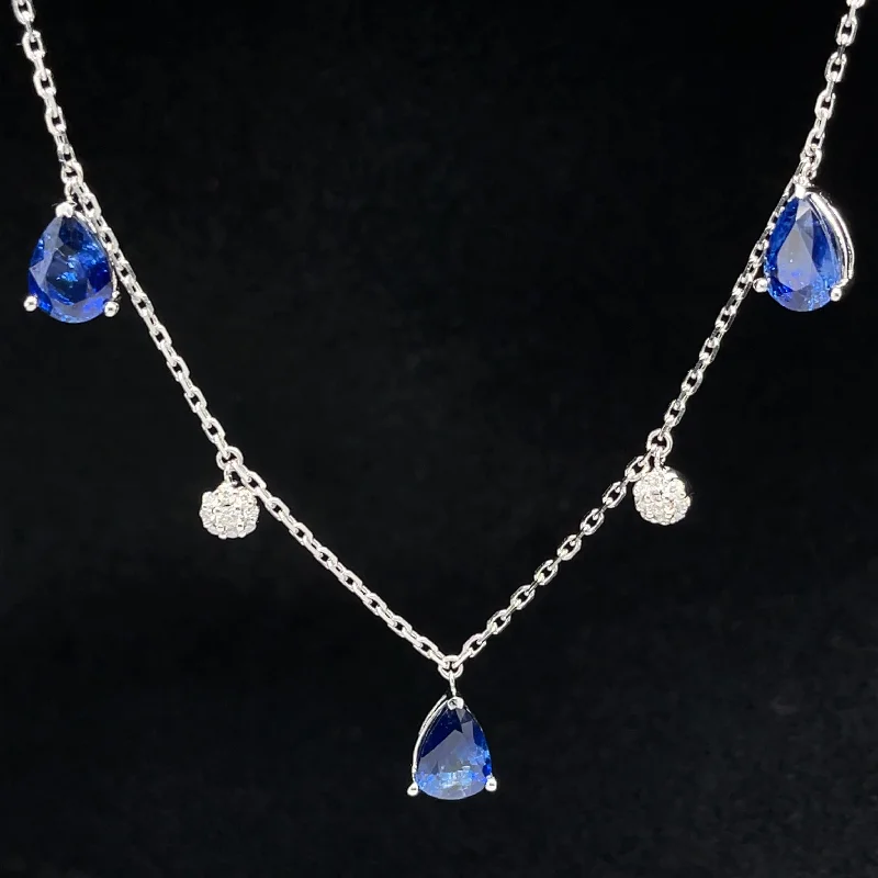 Ladies elegant necklaces-Sapphire & Diamond Icicle Drop Station Necklace in 18k White Gold - (#113-NLSAP014234)