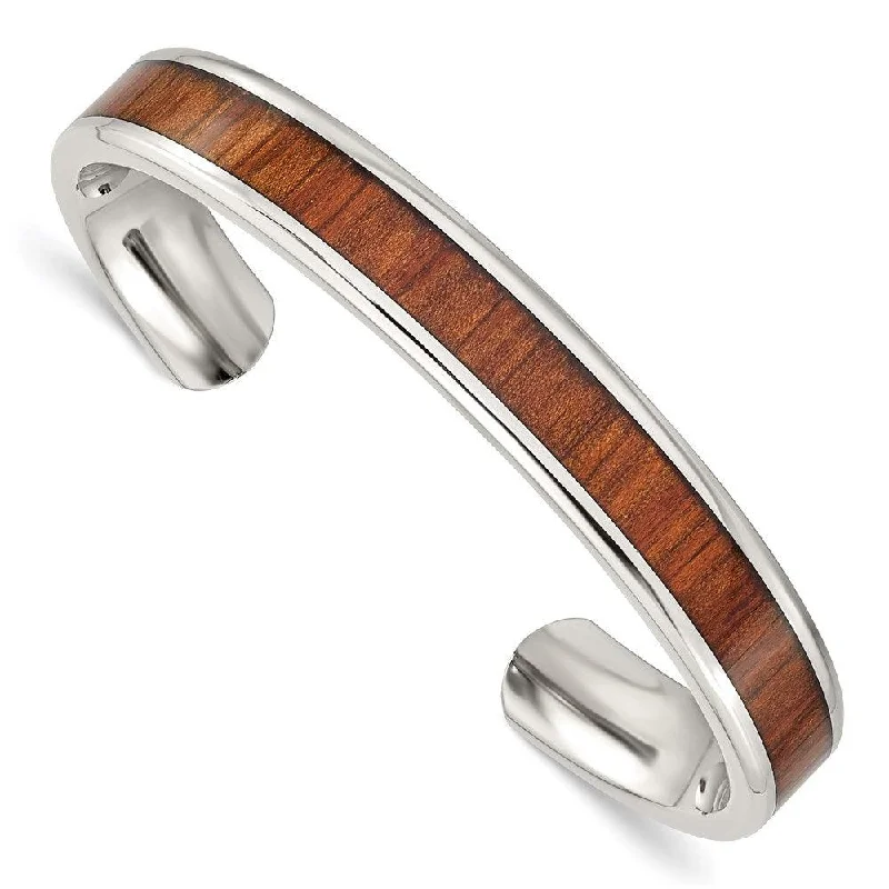 Ladies leather cuff bracelets-Stainless Steel Polished Red/Orange Wood Inlay Bangle