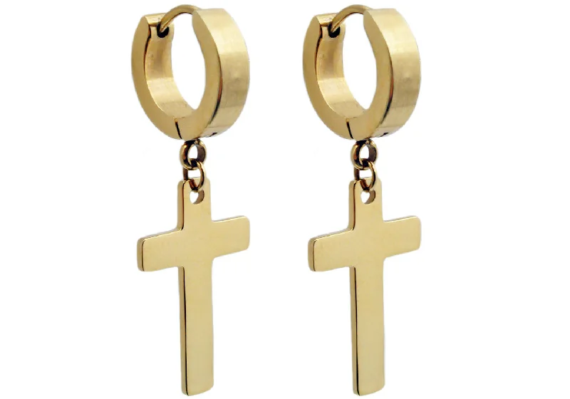 Ladies long drop earrings-Men's Gold Stainless Steel Hoop Cross Earrings