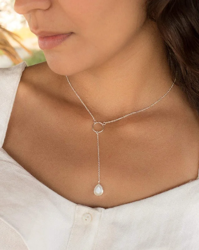 Ladies cubic zirconia necklaces-Moonstone Y Necklace ~ Sterling Silver 925~MN001B